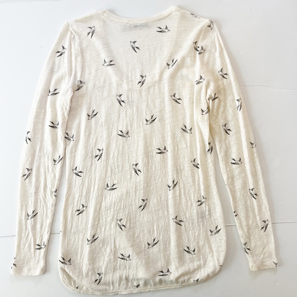 Country Road Top Tee Women’s Sz S White Black Bird Print Linen Blend Long Sleeve - Picture 2 of 10